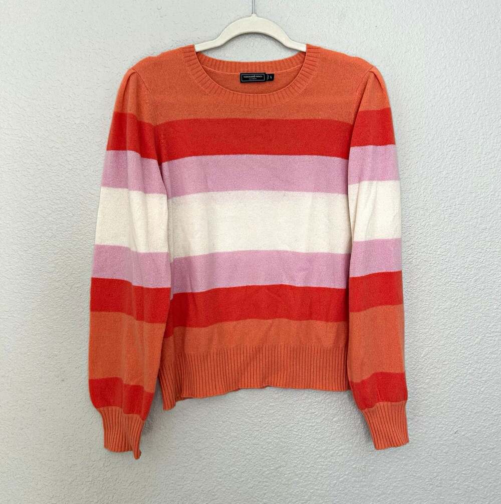 Vineyard Vines Cashmere Striped Knit Crewneck Pullover Sweater balloon sleeves L